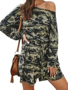 C+D+M Collection Camo Print Off Shoulder Drawstring Romper Playsuit Size SM NWT
